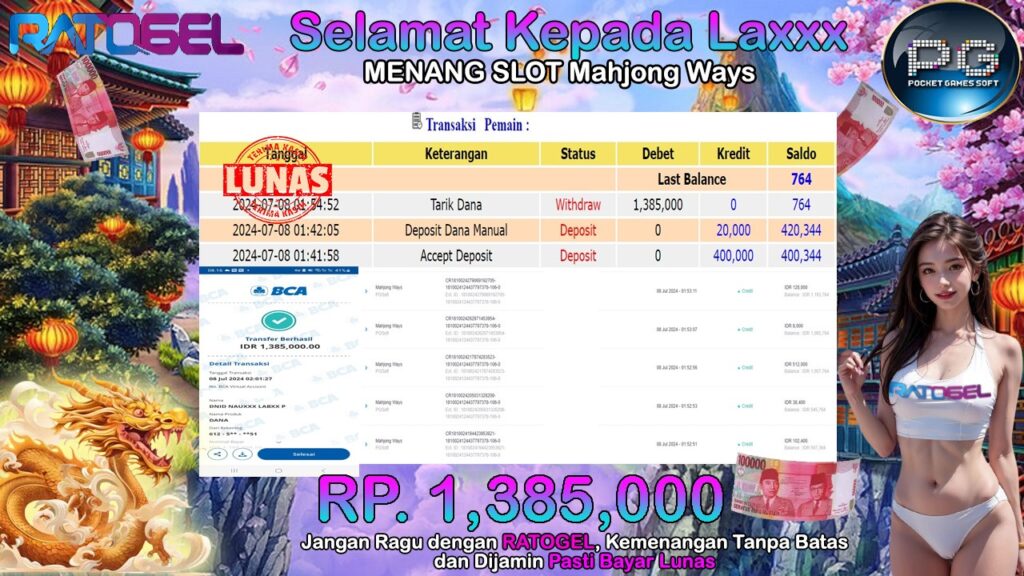 BUKTI JACKPOT SLOT MAHJONG WAYS TERPERCAYA DI INDONESIA TGL 08-07-2024