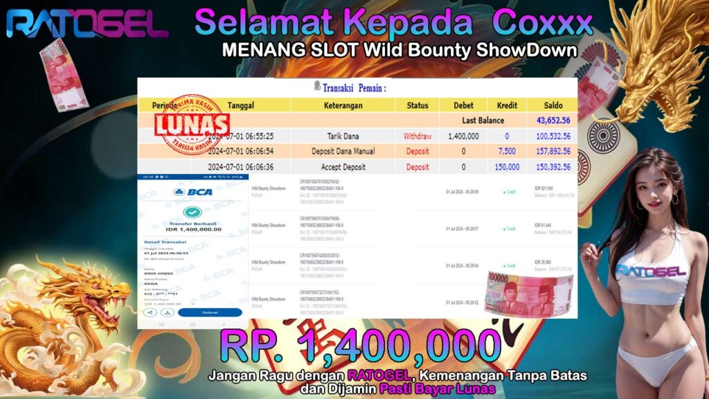 BUKTI JACKPOT SLOT WILD BOUNTY SHOWDOWN TERPERCAYA DI INDONESIA TGL 01-07-2024