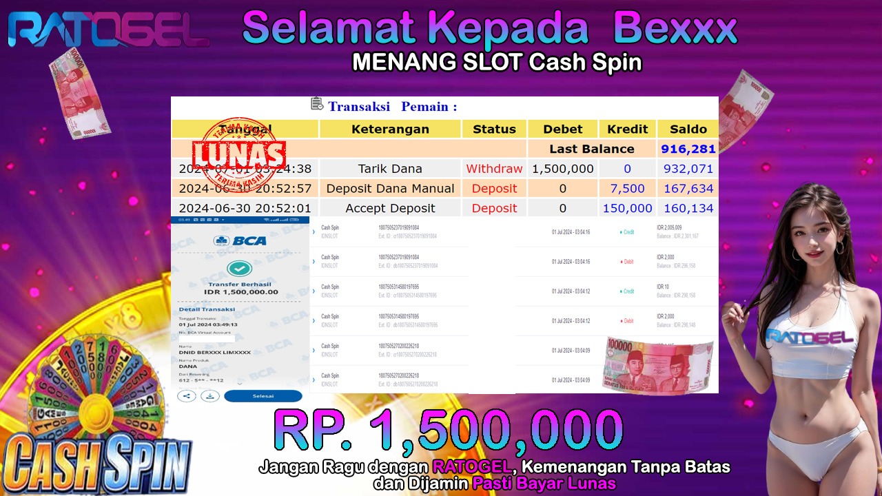 BUKTI JACKPOT SLOT CASH SPIN TERPERCAYA DI INDONESIA TGL 01-07-2024