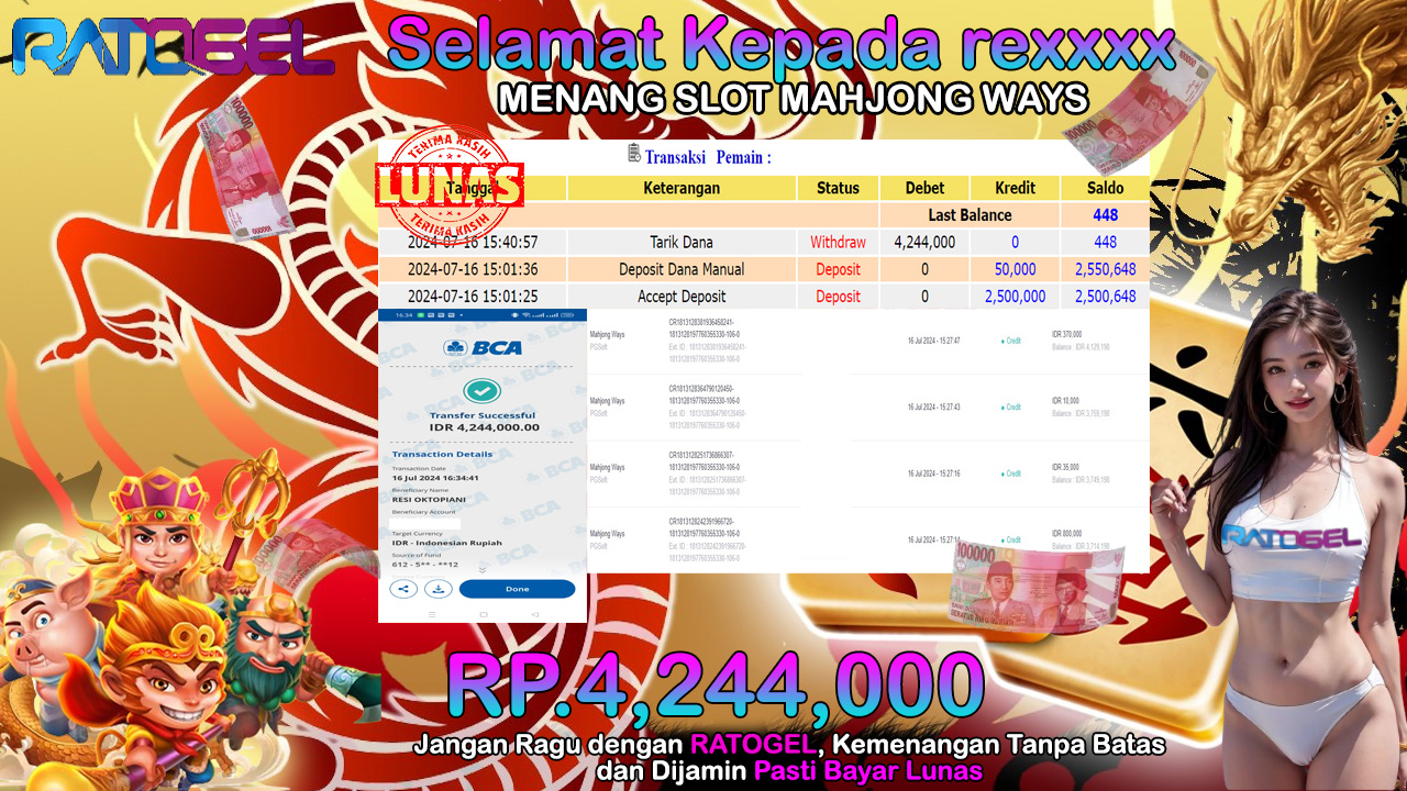 BUKTI JACKPOT SLOT MAHJONG WAYS TERPERCAYA DI INDONESIA TGL 16-07-2024